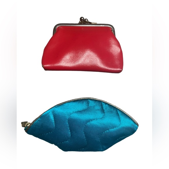 Handbags - Two Vintage Coin Purses, Red Kiss Lock and Teal Zippered Mini Bags, Retro,Granny